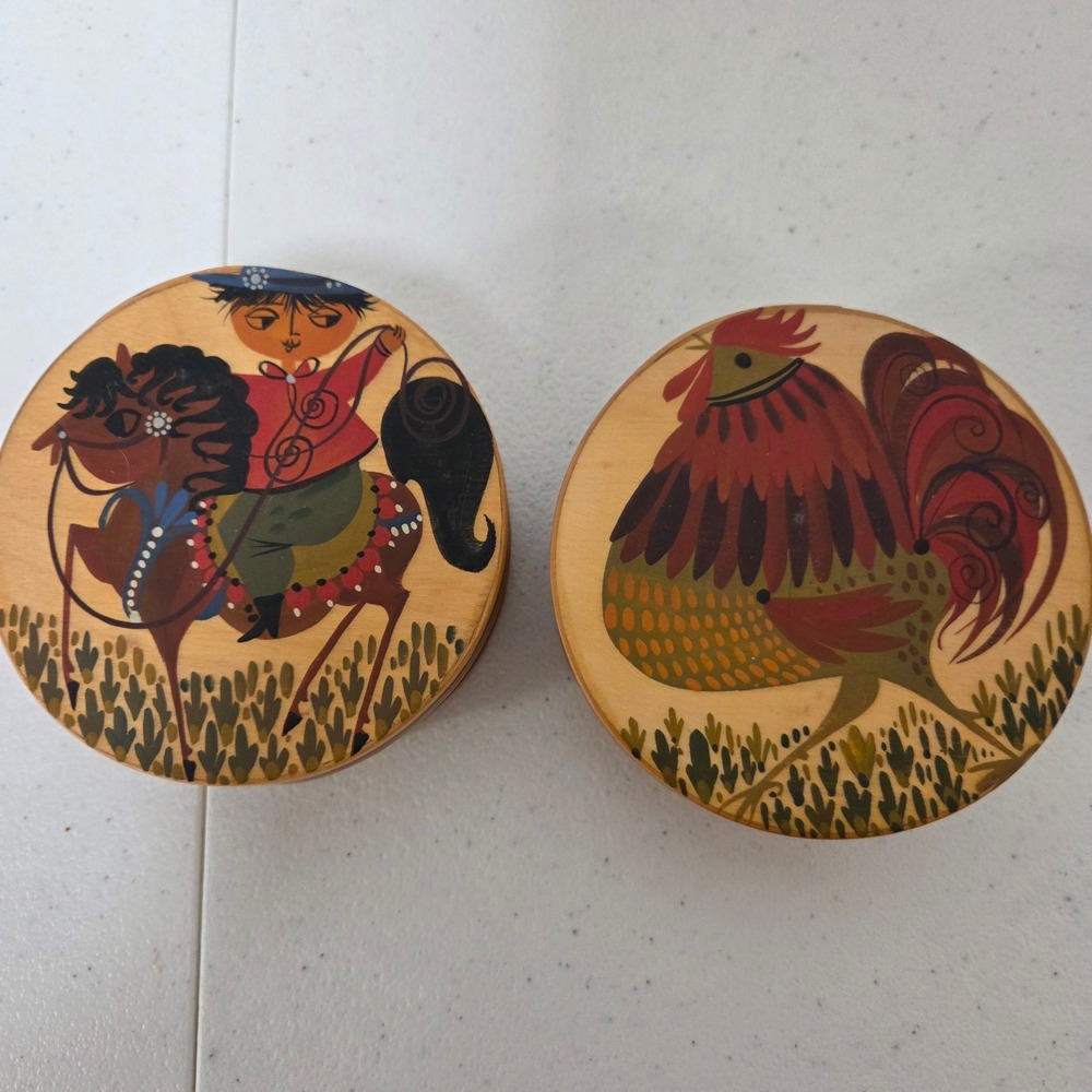 Vintage Heimatwerk Meier Swiss Hand Painted Bentwood Boxes Rooster Horse Set 2